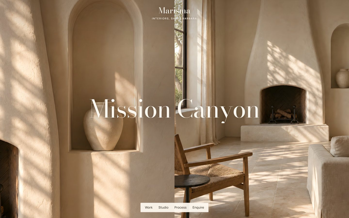 The Marisma homepage: “Mission Canyon” across two sunlit plaster rooms, the name above.